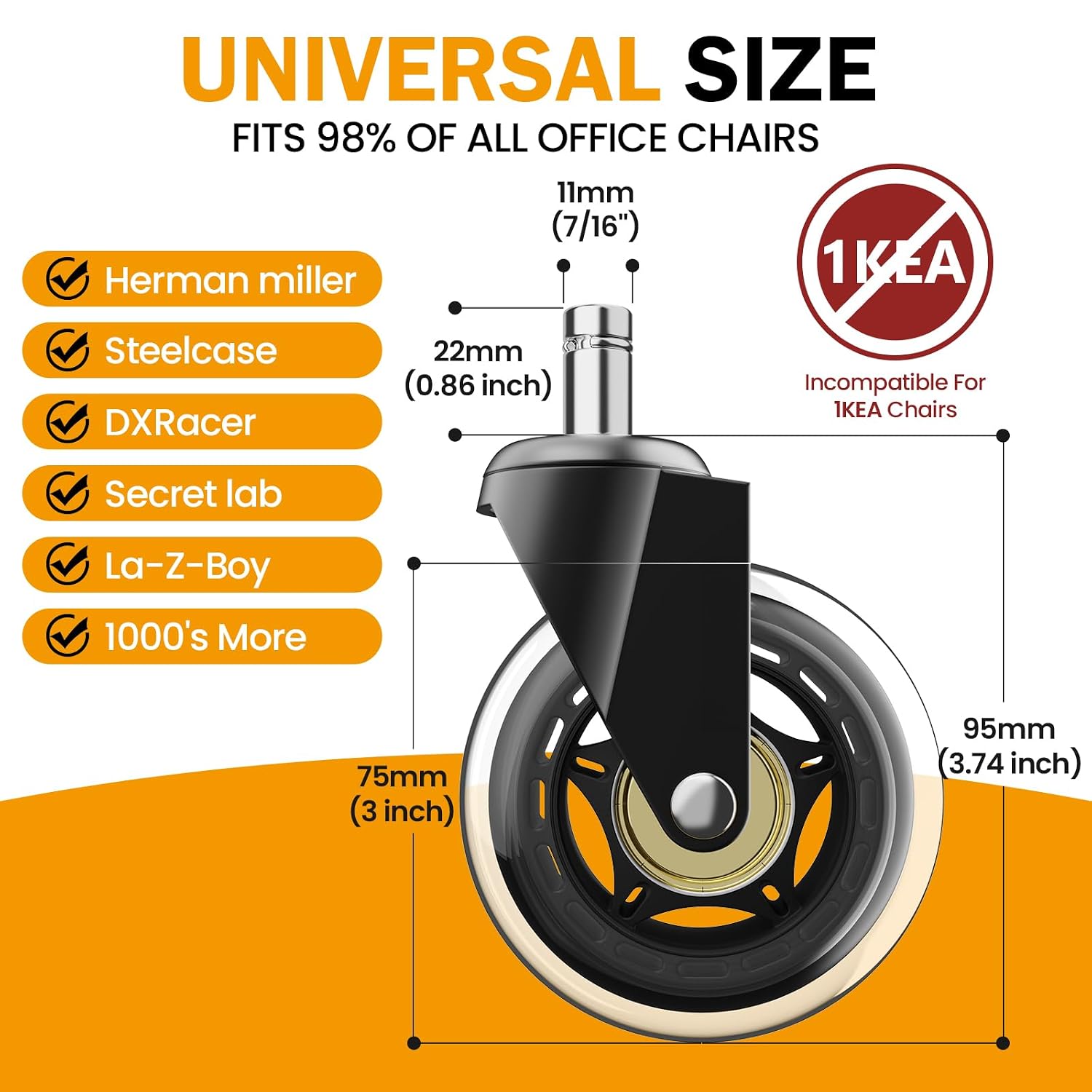 3 Inch Stem 7/16-7/8 Office Desk Chair Wheels Replacement，Computer Gaming Casters for Carpet for Furniture Hardwood Hard Floors Chair Casters Tile Smooth Safe Quiet Rolling，660LB set of 5 Not for 1KEA
