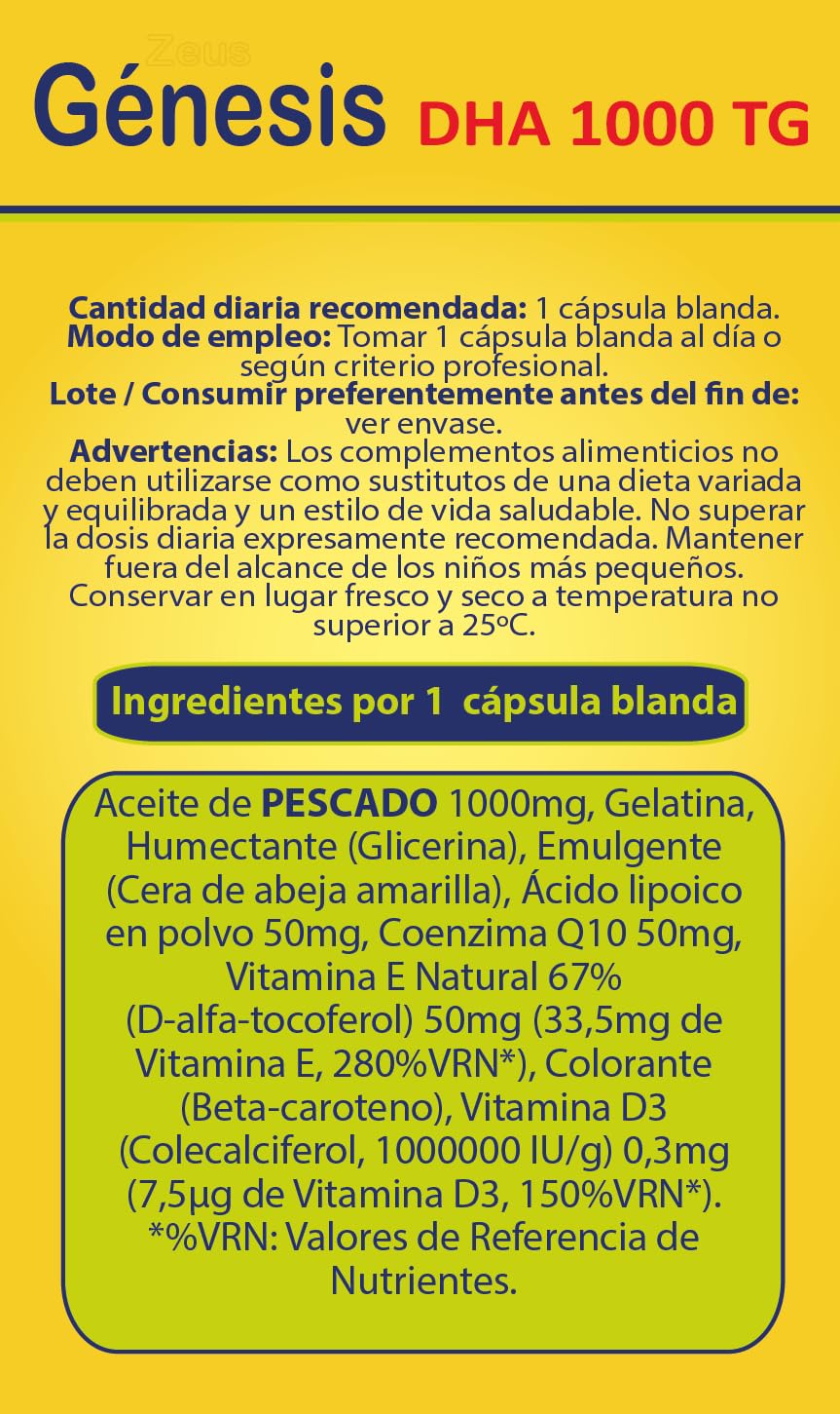 GÉNESIS DHA | Contribuye tanto a nivel cerebral como cardiovascular | Complemento Alimenticio a base de Aceite de pescado, Ácido lipoico, CoQ10 y Vitaminas | 60 Cápsulas Blandas