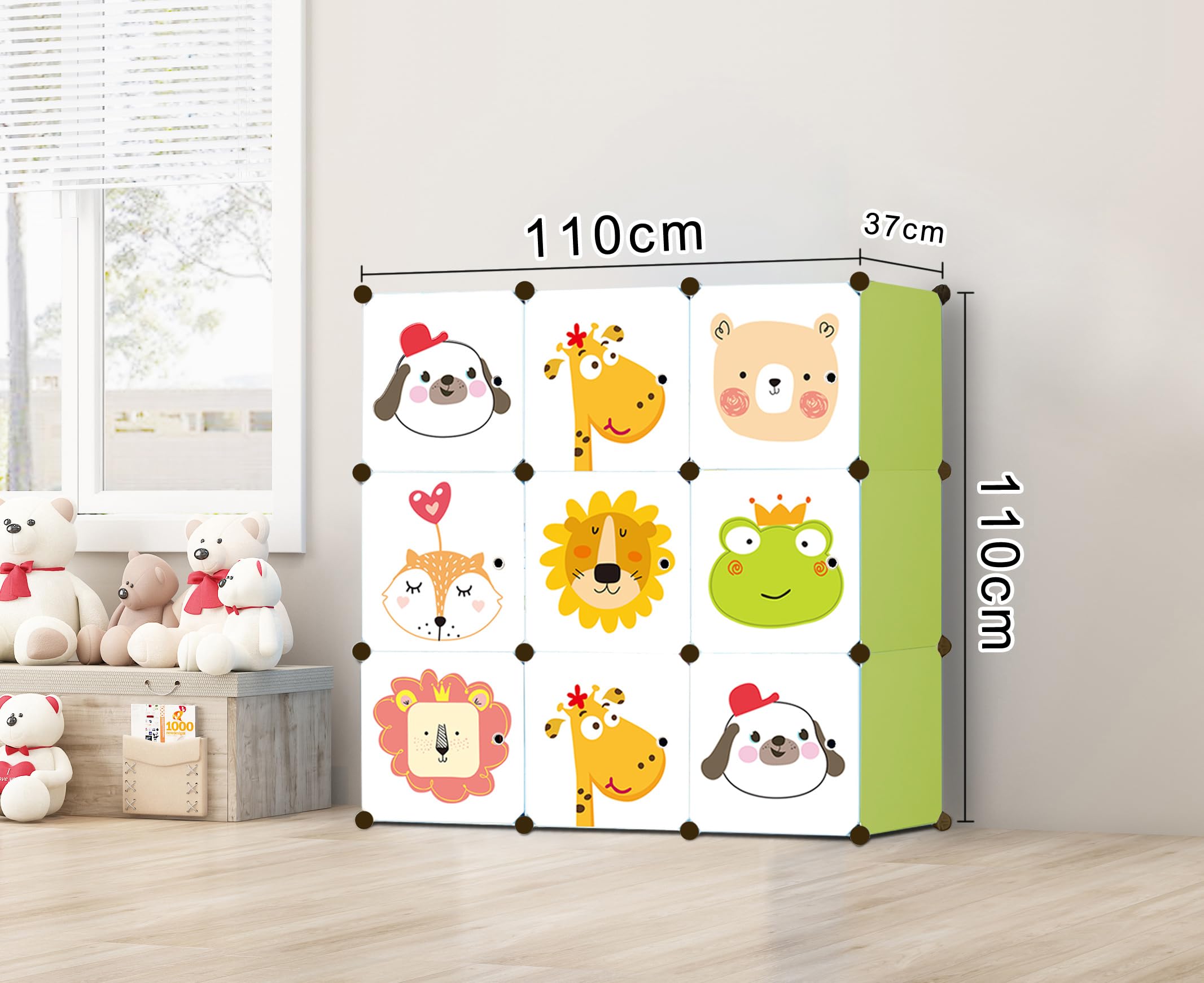 Kids Collective Modularer Schrank für Kinder, 9 Türen mit Märchendruck, Kombischrank, 110 x 37 x 110 cm, grün
