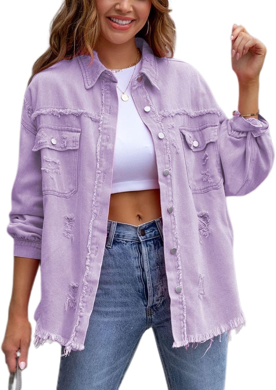 Lu's Chic Women's Denim Button Down Shirt Shacket Long Sleeve Top Western Split Date Night Winter Shirt Jacket