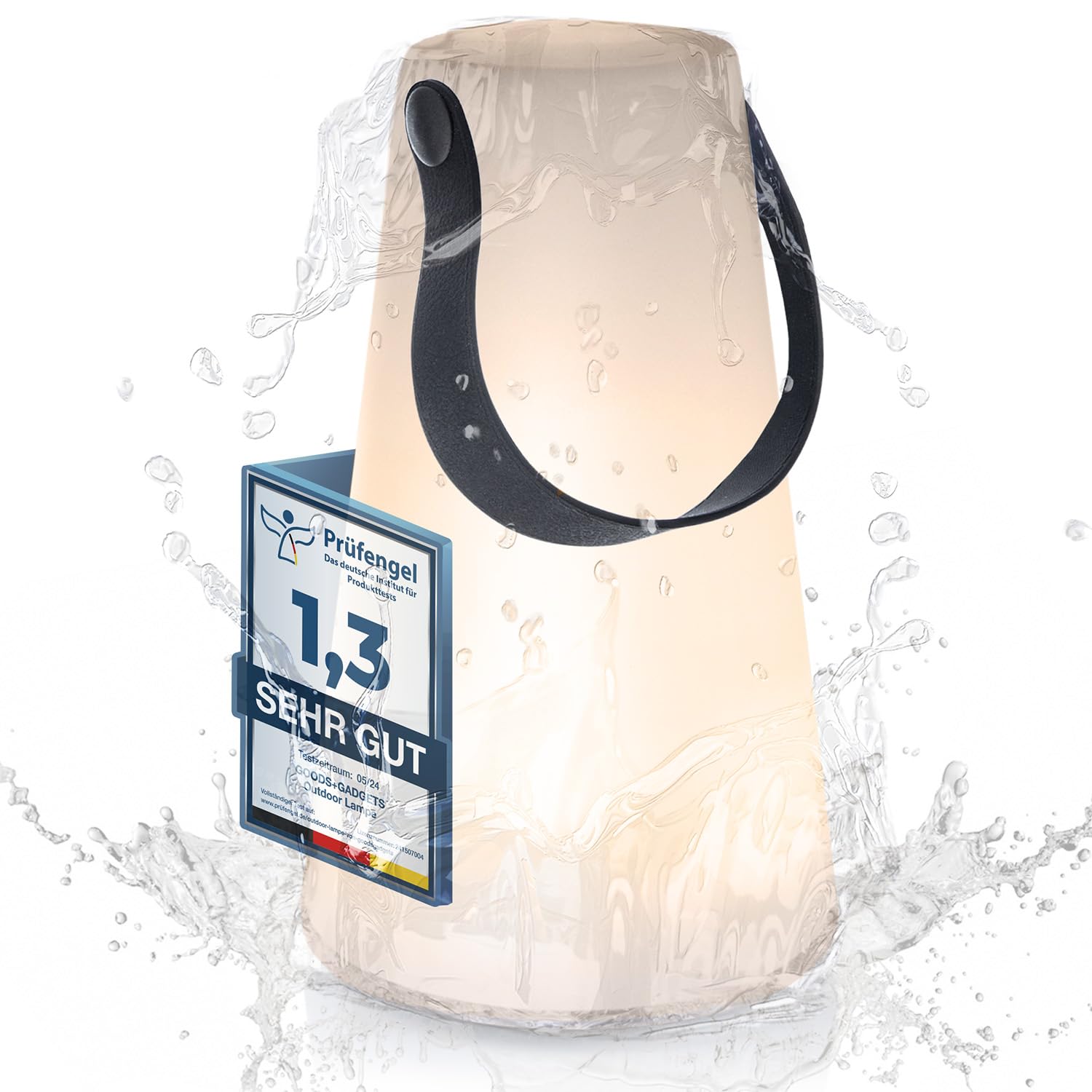 GOODS+GADGETS LED Outdoor Tisch-Lampe kabellos mit 1200 mAh Akku Leuchte USB aufladbar; wasserdichte Außen-Tischleuchte mit Aufhängung (LED-Lampe mit Aufhängung)