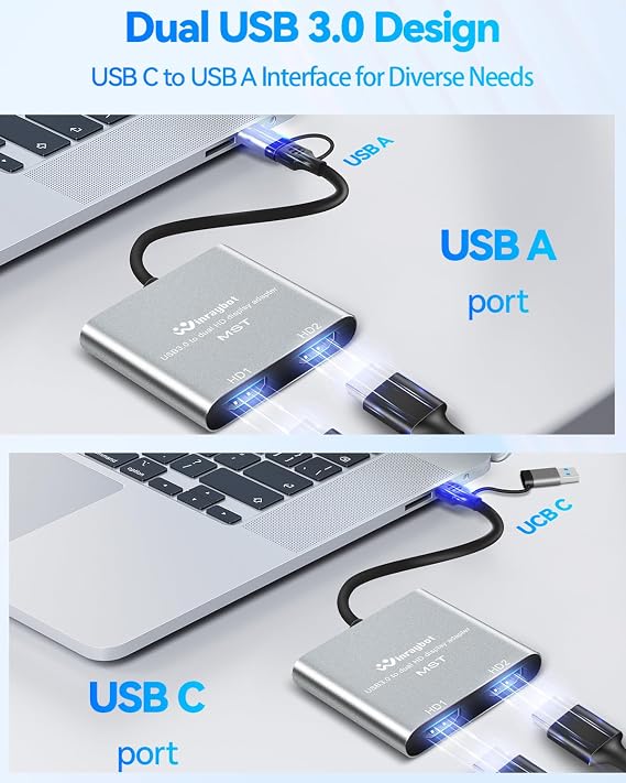 USB to Dual HDMI Adapter, Type C to HDMI Splitter 1080@60Hz for 2 Monitors, USB 3.0 to 2 HD Display Support Mac / Windows / Dual HD Extender - External Video & Graphics Card Adapter