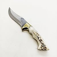 Vista 1 de Yatagan Cuchillo de caza con mango de cuerno de ciervo con funda, hoja de espiga completa de 10.23 pulgadas, cuchillo Bowie de cuernos de alce