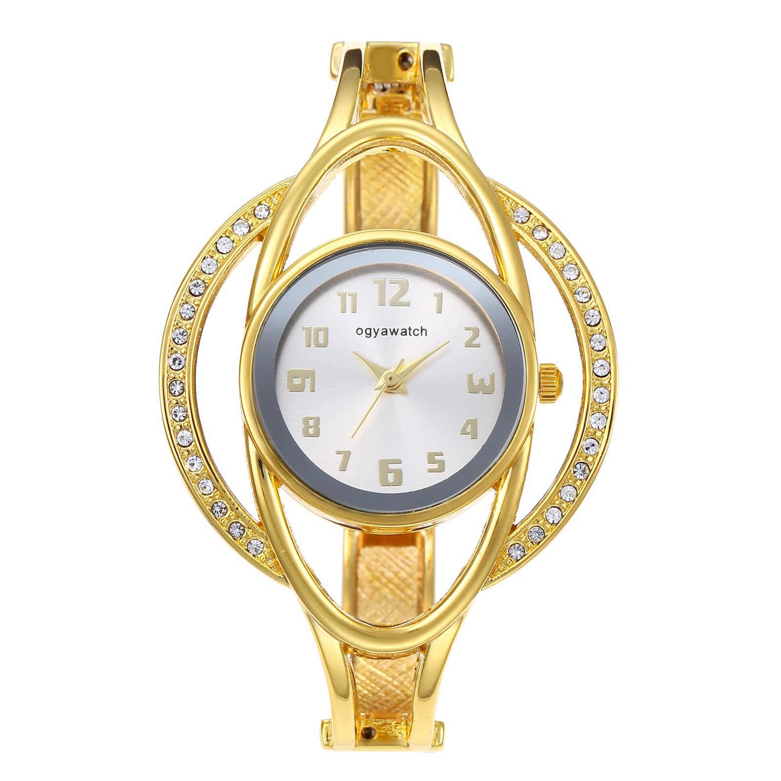 JewelryWe Bracelet Watches for Women: Stainless Steel Chunky Cuff Wrisrwatch - Analog Quartz Arabic Numerals Dial with Zircon Hollow Bezel Case - for Daily Office
