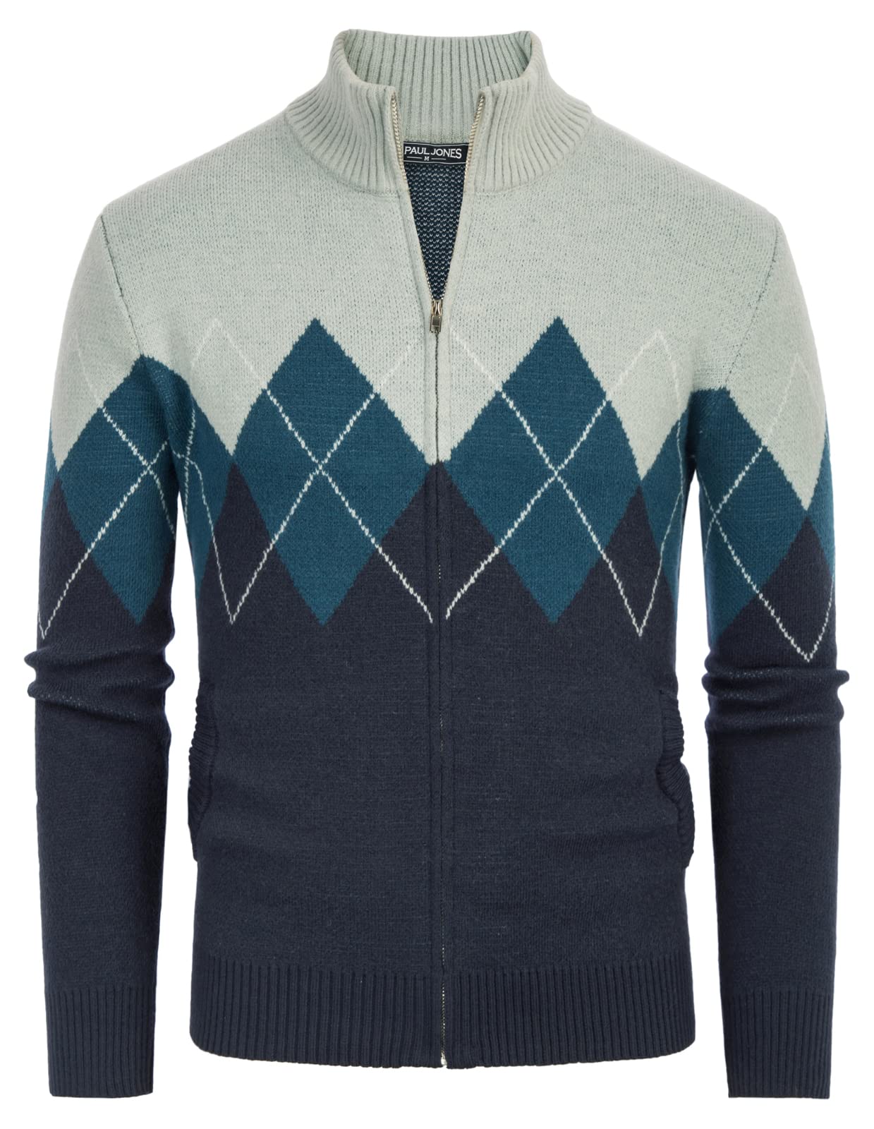 PJ PAUL JONESMens Full Zip Cardigan Sweaters Argyle Stand Collar Knitwear