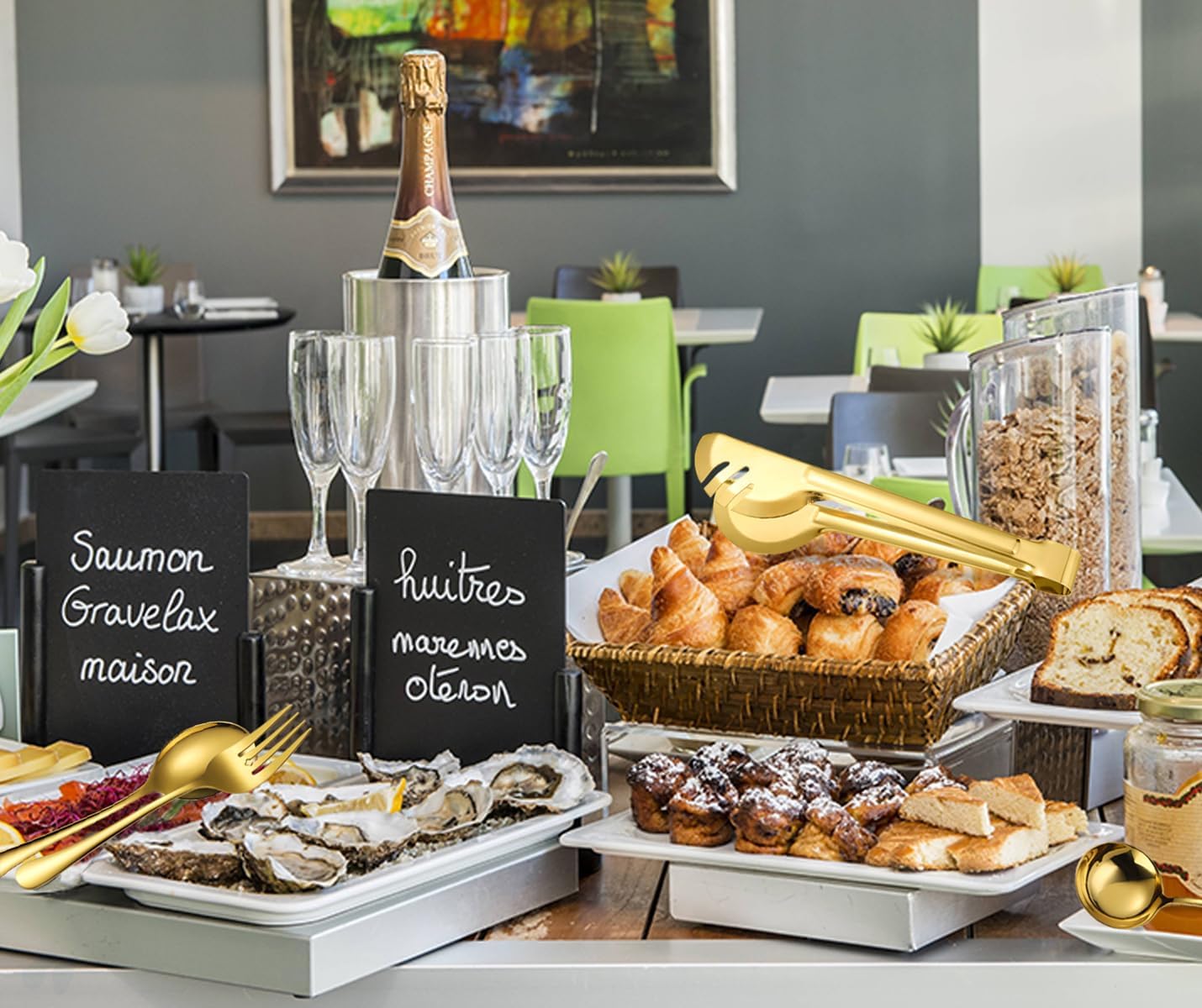 AARAINBOW Hostess Serving Utensils Set Large, 8 Pcs Stainless Steel Serving Utensils for Parties Buffet, Flatware Serving Sets with Serving Spoon Slotted Spoons Serving Forks (Golden)