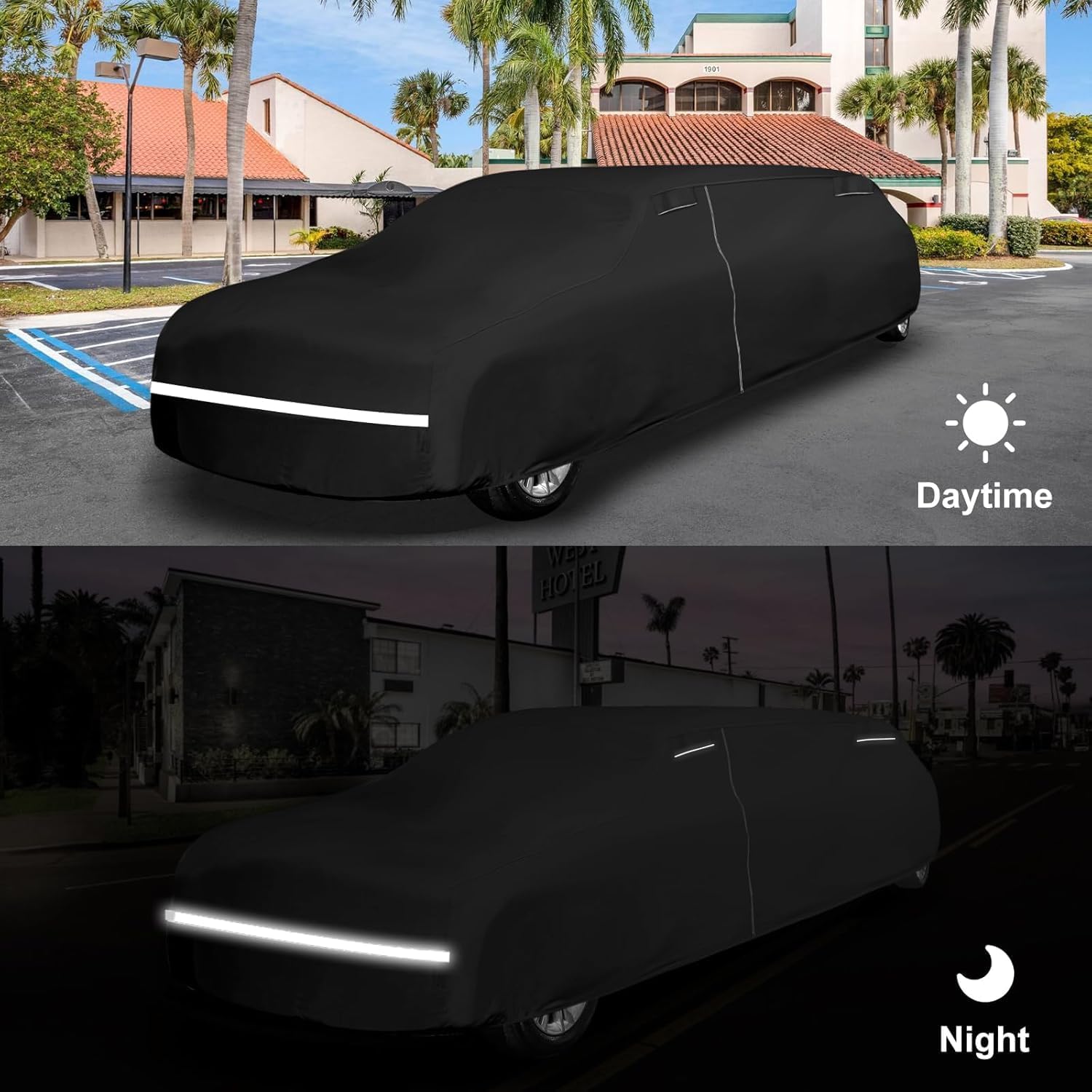 Updated Waterproof Car Cover Compatible with Cadillac Lincoln Chrysler Limousine 28-30ft Car, Black All Weather Car Covers with Zipper&Lock for Car Dust Snow Rain Hail Protection