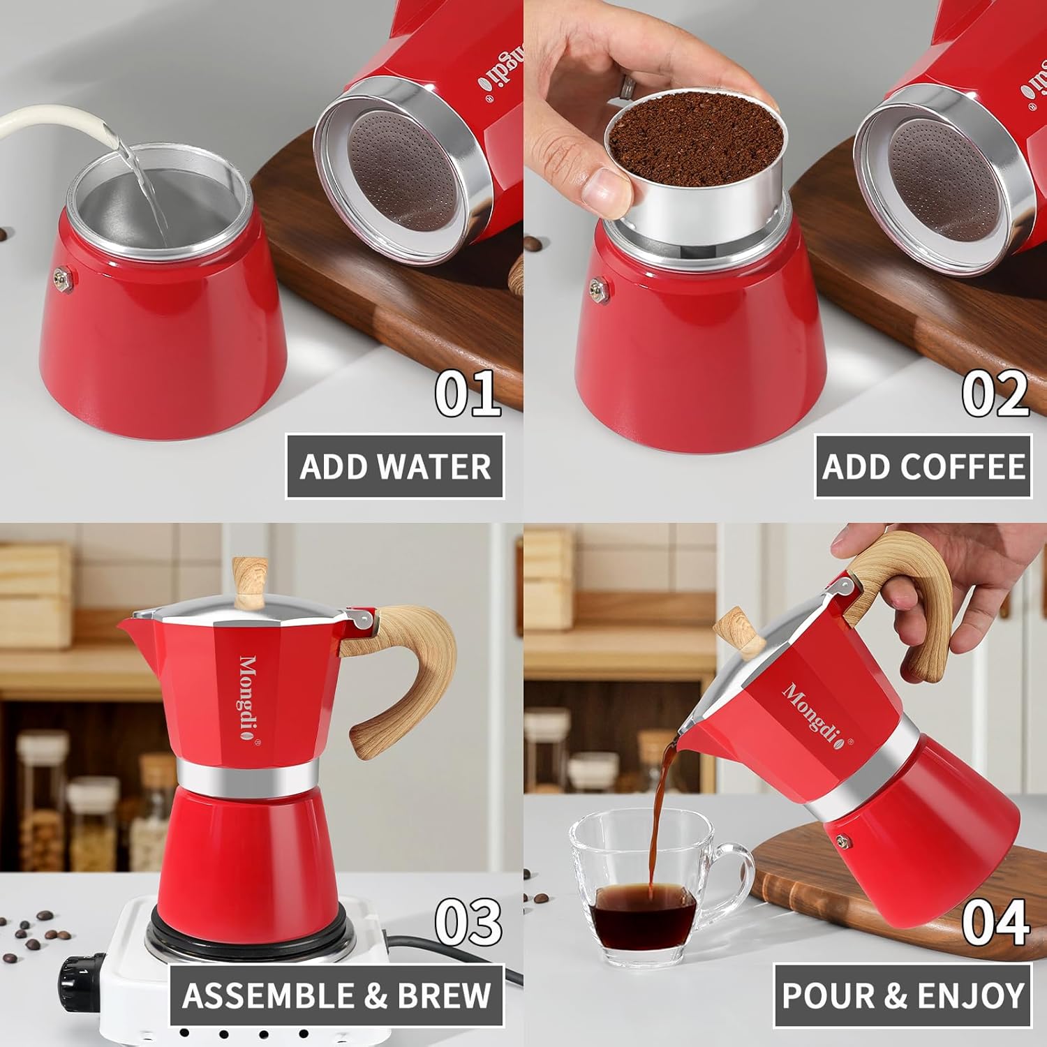 Mongdio Stovetop Espresso Maker Moka Pot, Cuban Coffee Maker Stove top coffee maker Moka Italian Espresso Greca Coffee Maker Brewer Percolator, 12 Espresso Cups, 20 oz - Red