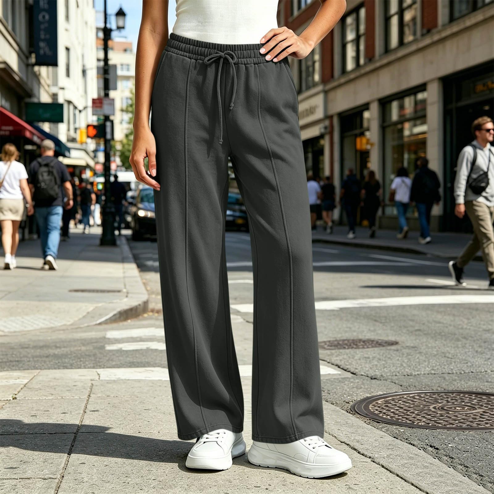 Generico Pantaloni Sportivi Donna Pantaloni Baggy con Tasche Morbidi Pantalone Jogger in Cotone Larghi e Leggeri Pant Lunghi Tinta Unita Pantalone Tuta con Coulisse per Allenamento Jogging Fitness