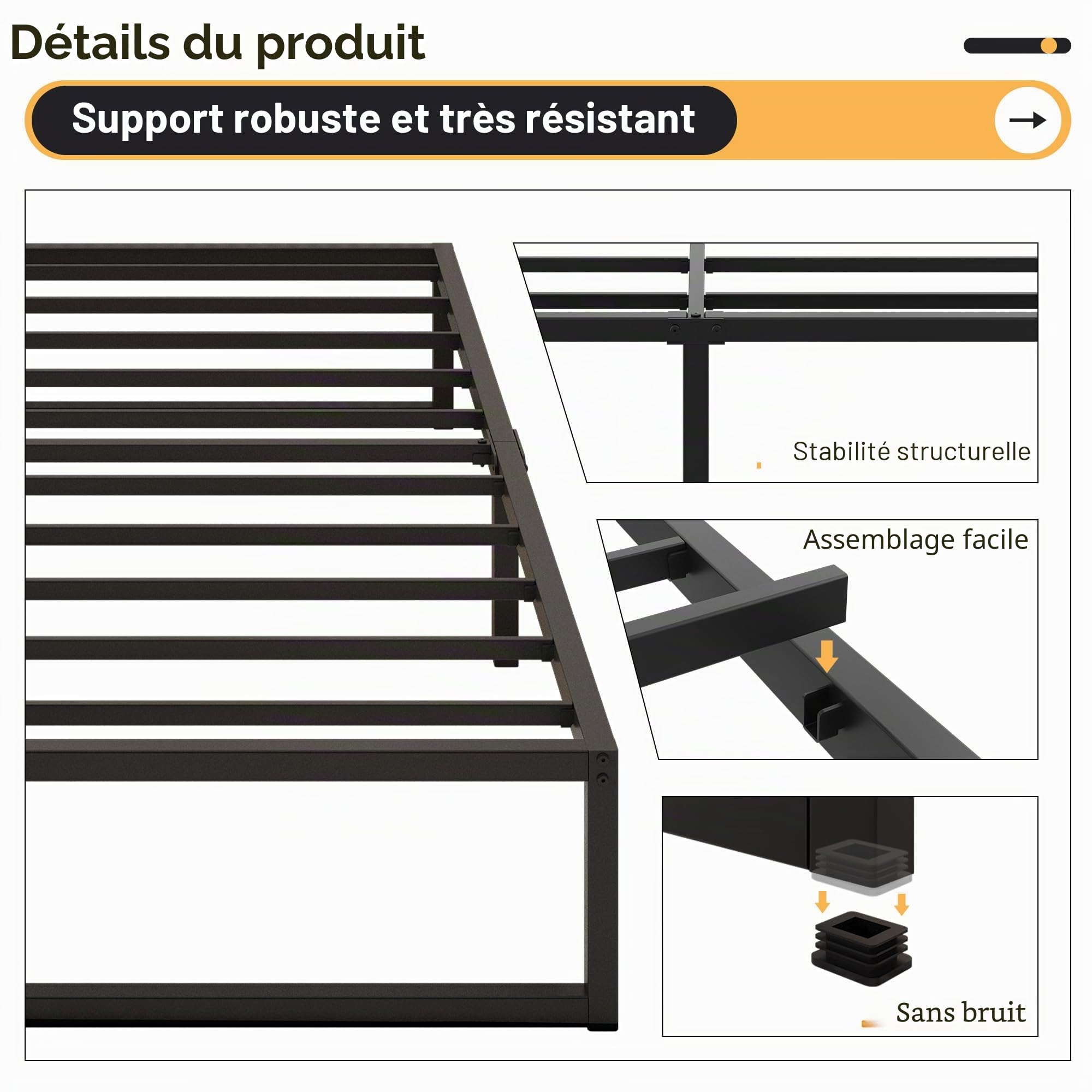 Yicensen Petit Cadre de Lit Double 120 x 190 cm, Lit Plateforme en Métal avec Support à Lattes en Acier, Montage Facile, sans Bruit, Pas Besoin de Sommier Tapissier, 41 cm de Haut, Noir