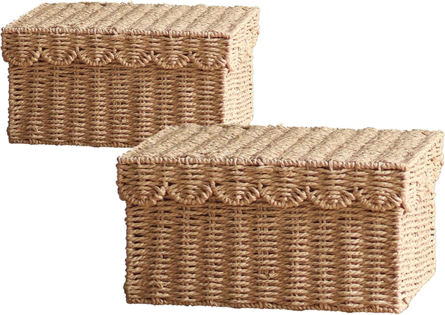 Set of 2 Wicker Storage Baskets with Lid Rectangular 15'' Hand-Woven Paper Basket Trays Large Rattan Stackable Pantry Decorative Table Bin Storage Box Organizer for Shelves