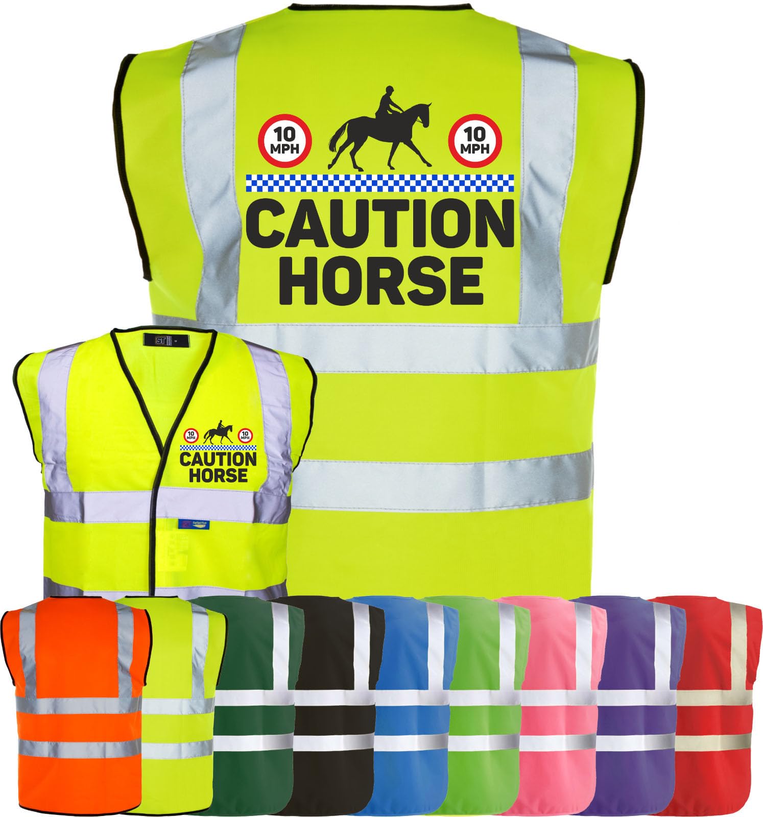 Corporate Togs Equine Hi-Vis CAUTION HORSE - Horse Equestrian Rider Safety Vest Tabard, Hi-Visibility Safety Vest with 2 Band & Brace Reflective Strips | Protective Safety Wear — image 1