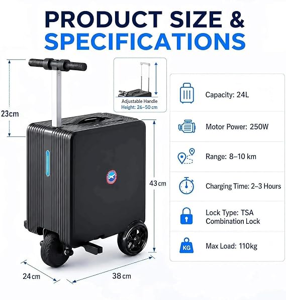 24L Smart Rideable Suitcase, 20 Electric Luggage Scooter