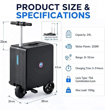 24L Smart Rideable Suitcase, 20 Electric Luggage Scooter