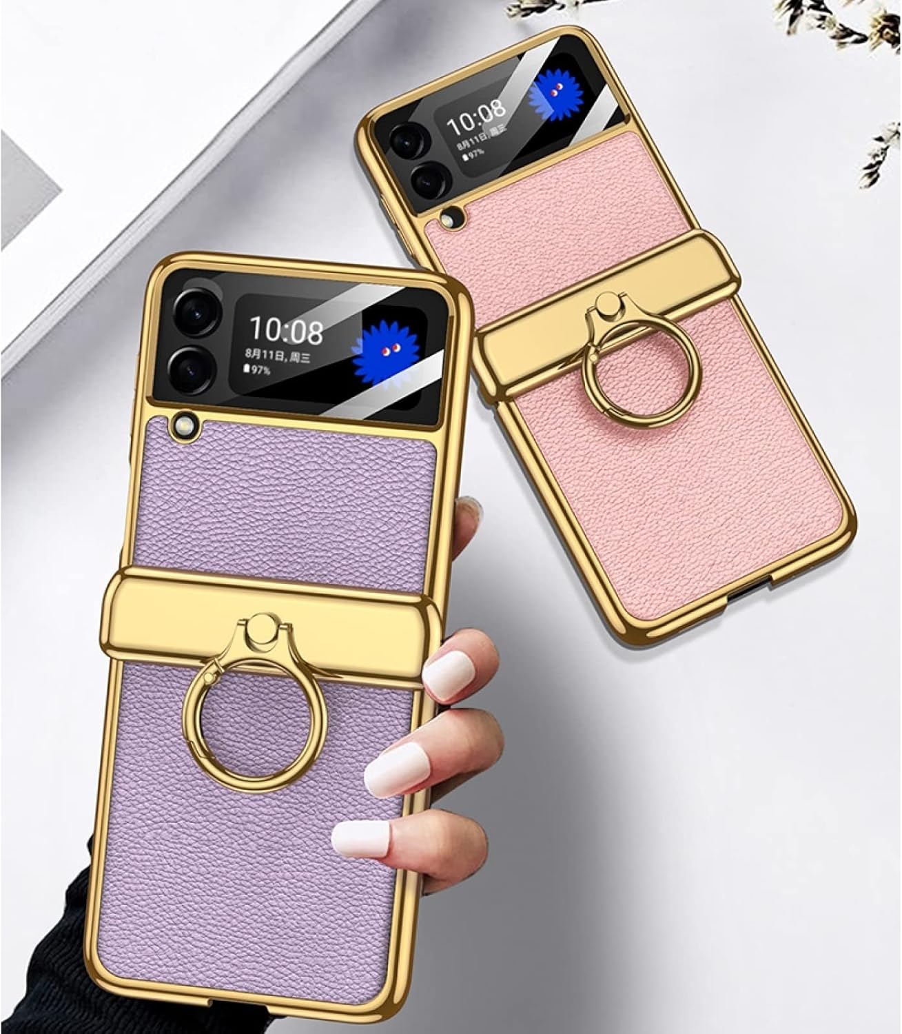 Leather Magnetic Folding Case For Samsung Galaxy Z Flip 4 5G, All-inclusive Phone Protective Cover For Z Flip4, Anti-drop Shell with Electroplating Ring