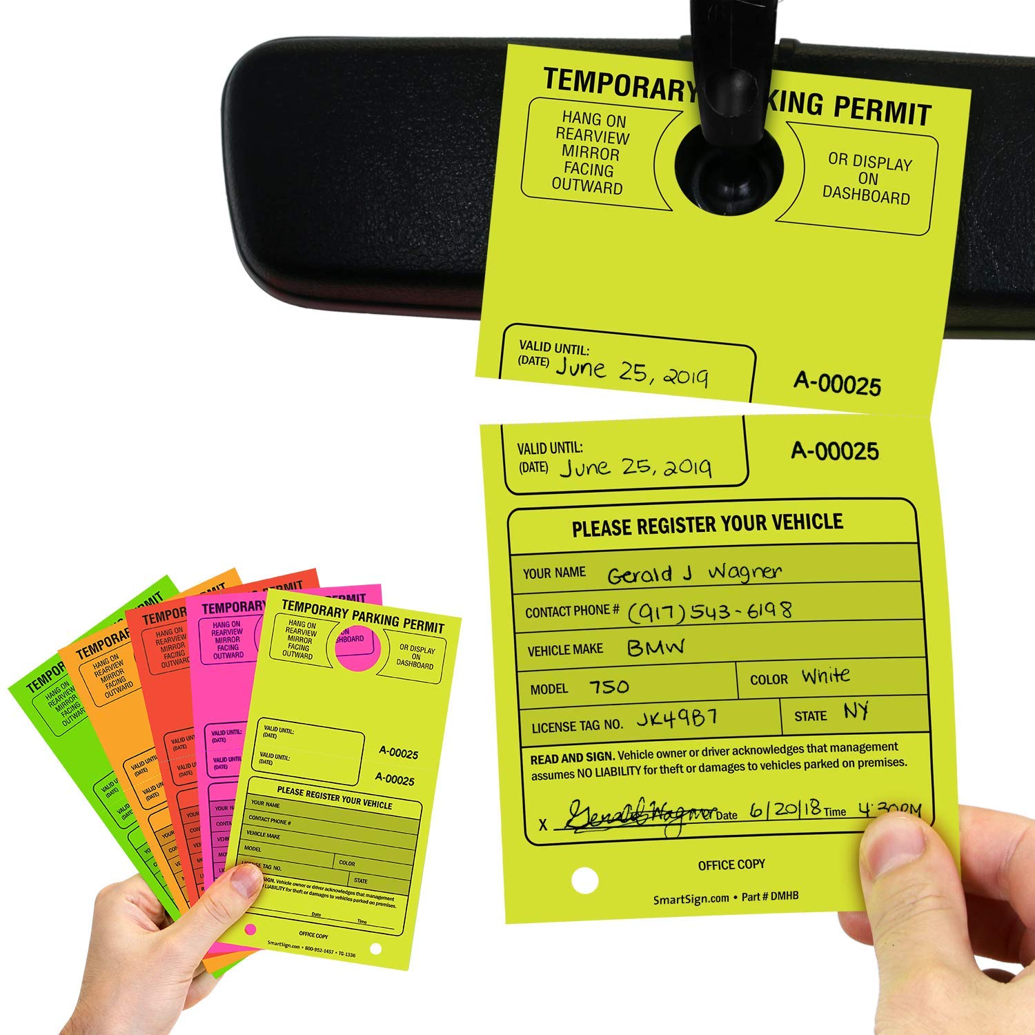 SmartSign (Pack of 50) Temporary Parking Permit Company Name, Your Address and Number Large Hang Tags | 4.25" x 7.75" Paper, Car Parking Passes with Tear Off Stub, Fluorescent Lemon Yellow
