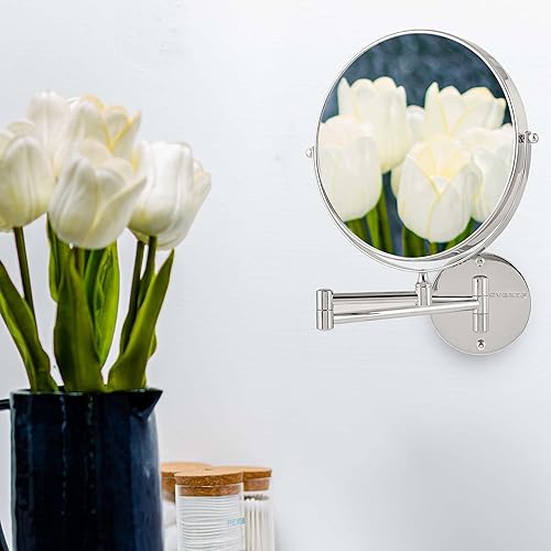 Miniatura 9 de Ovente Espejo de maquillaje para montaje en pared de 9 pulgadas lupa 1X y 7X reflejo redondo giratorio ajustable de doble cara extensible brazo