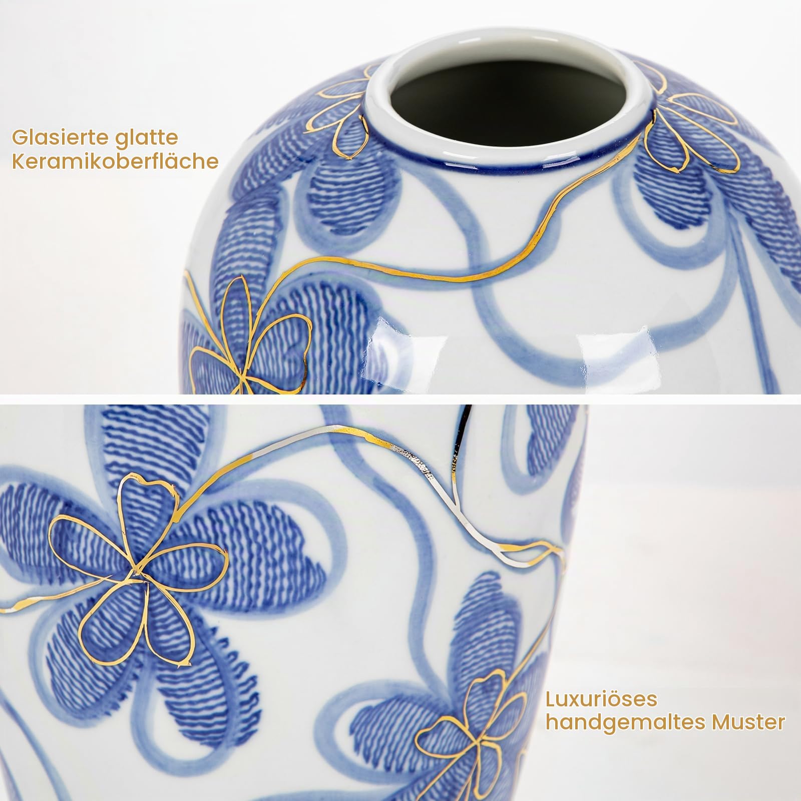 Keramikvase Blau-Weiß mit Goldverzierung – Handbemalte Blumenvase im asiatischen Stil – Chinoiserie Wohnaccessoire Höhe 27,5cm – Ideal für Trockenblumen, Deko oder Geschenk