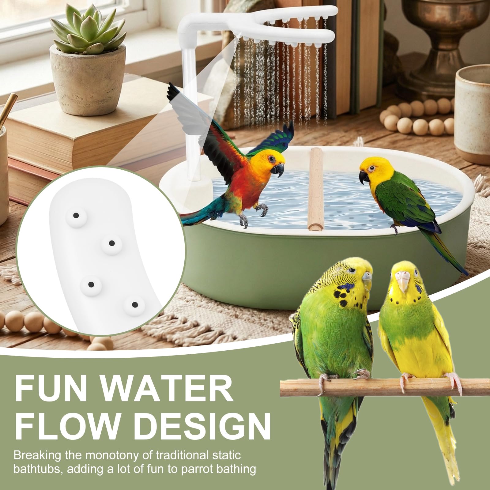 Automatische Vogelbadewanne mit USB-Wasserzirkulation | Robuste Vogeldusche & Papageienbad. Ideal für Wellensittiche, Nymphensittiche und Agaporniden. Fließendes Wasser per USB.