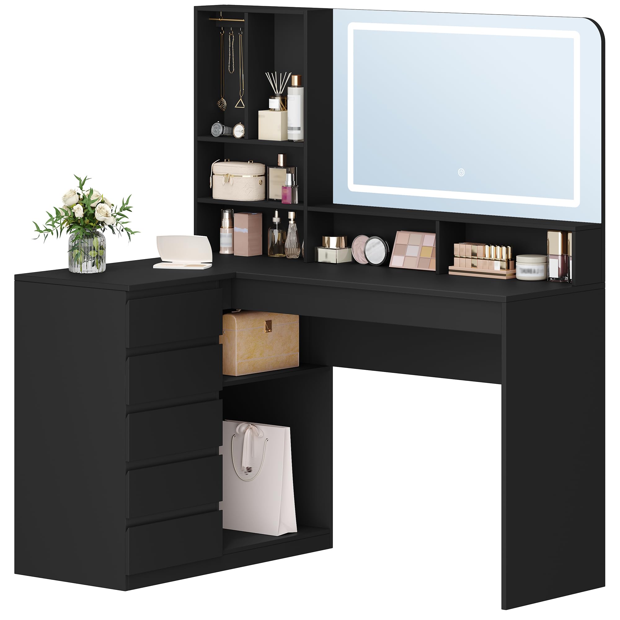 Hzuaneri Schminktisch mit Große Spiegel,Schminktisch mit LED-Beleuchtung, L-Förmiger Eck- mit 5 Schubladen und 7 Offenen Fächern, Kettenhaken, Schlafzimmer, Ankleidezimmer, Modern, Schwarz DT42506XEU