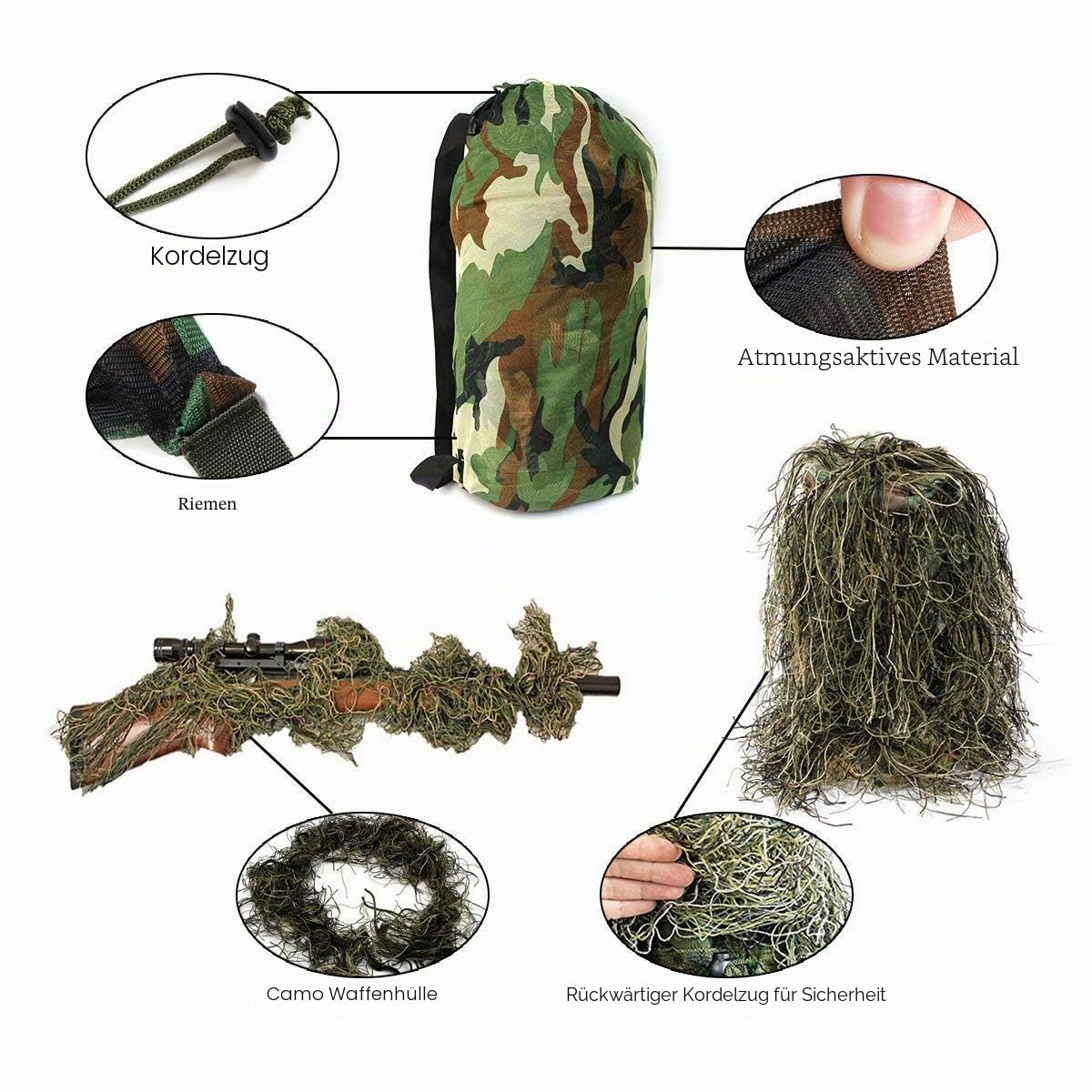 VADOOLL Ghillie Anzug Camo Woodland Camouflage Waldjagd 4-teilig + Tasche