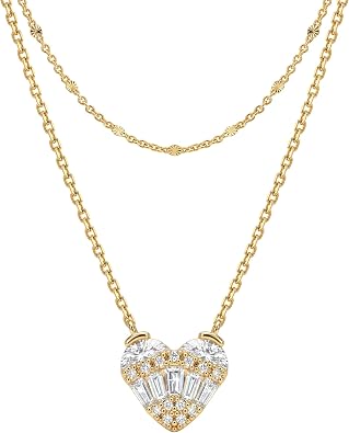 MTMY Dainty Layered Heart Necklace for Women, 14K Gold Plated CZ Love Heart Pendant Choker Necklace with Adjustable Chain Jewelry Gift