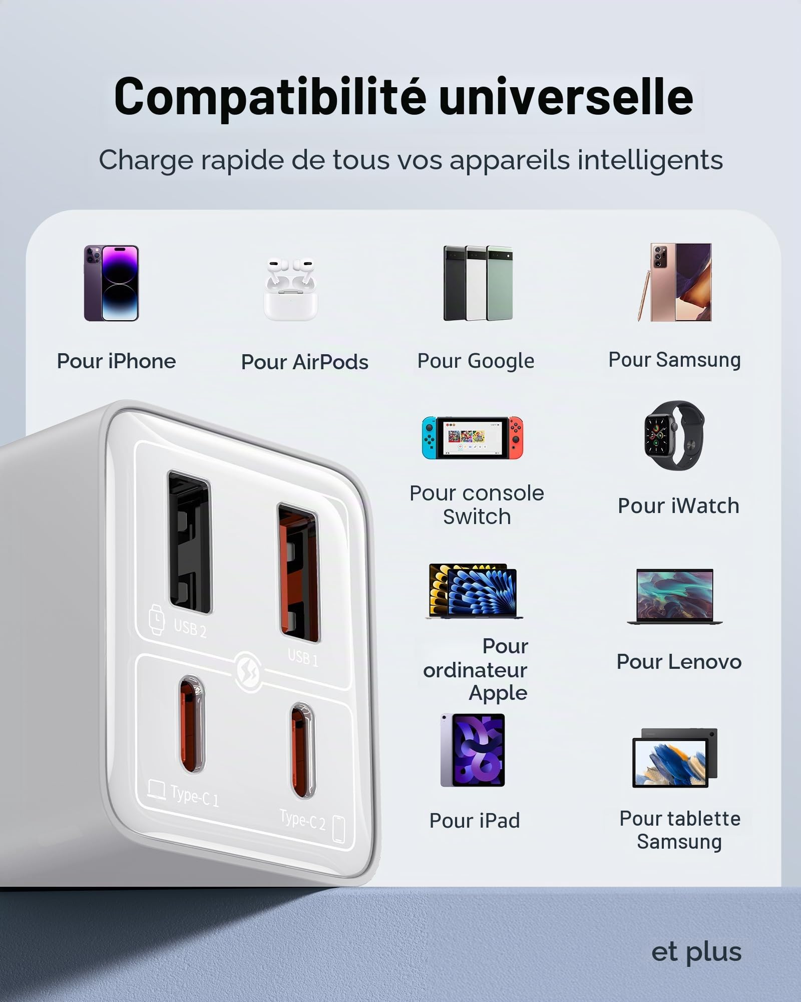 Baseus 65W Chargeur USB C Rapide 4 Ports avec GaN 6 Tech Compatible avec MacBook Pro/Air, Surface, Laptop, iPhone 15-12 séries, Pixel, Galaxy, Blanc