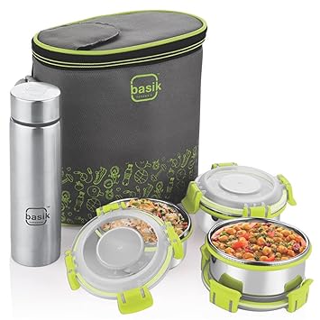 Lunch Box for Office Men, Lunch Bag with Bottle (320ml), 280ml X 3 Stainless Steel Containers, Lunch Box for Office Women, Steel Lunch Box for Kids, Lunch Box for Kids to School Girls, (Green)