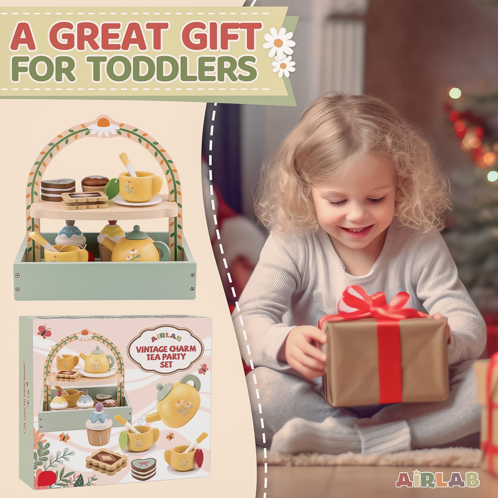 Airlab Set da Tè Bambina Accessori Cucina Giocattolo per Bambini in Legno | Accessori Cucina Legno per Bambini Bambina con Paniere, Cibo Finto Giocattolo Bambino Cucina, Regalo Bimbo Bimba 3 4 5 Anni