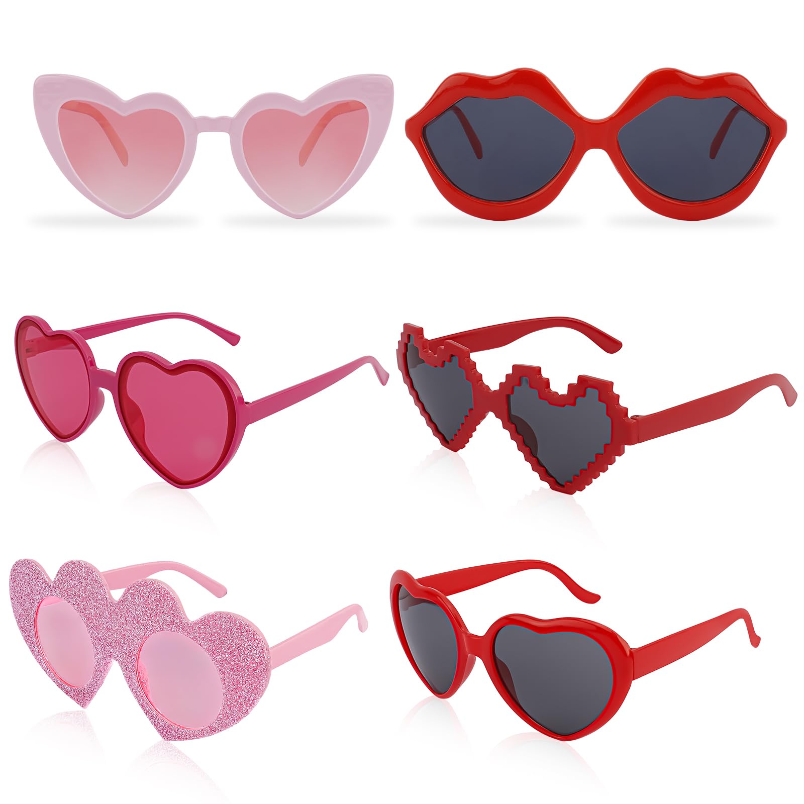 6 Pairs Happy Valentines Day Heart-Shaped Sunglasses, Pink & Red Heart Lips Glasses for Women Valrtines Gifts Bulks