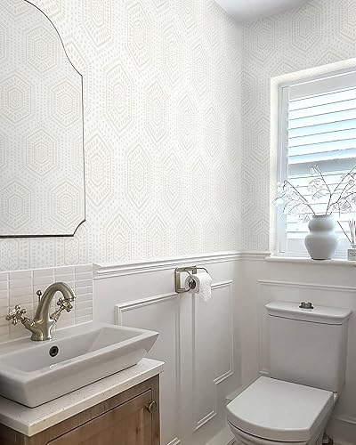 Miniatura 5 de Heroad Papel tapiz hexagonal para despegar y pegar, papel de contacto bohemio, geométrico, papel tapiz de lunares blancos y beige, papel de pared