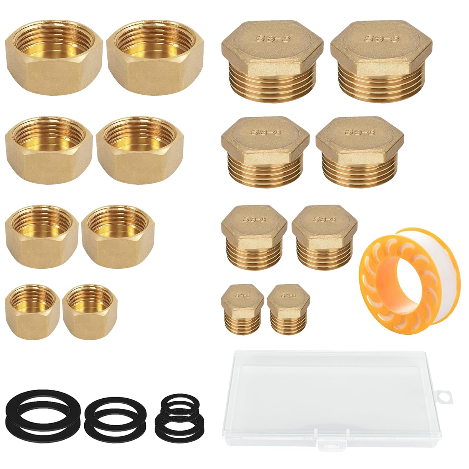 16 Piezas Tapón de Latón, Tapa de Latón Hexagonal con Roscas Internas y Externas 1/8 1/4 3/8 1/2 In, Tapón Ciego Tapones para Tuberias de Agua con Caja Almacenamiento