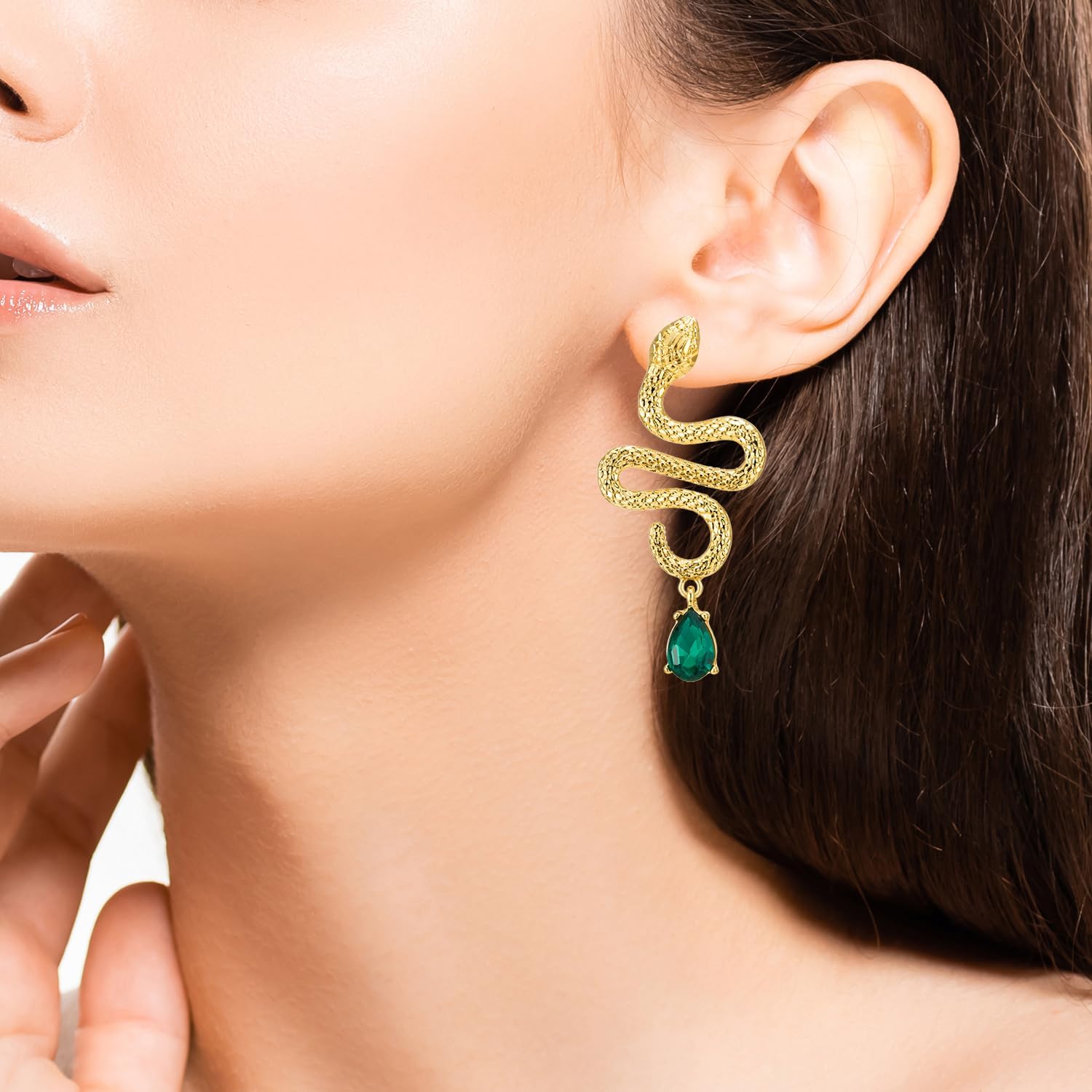 Pair 18K Gold-Plated Color Snake Earrings with Green Crystal, Dangle Stud Earrings for Women - Image 2