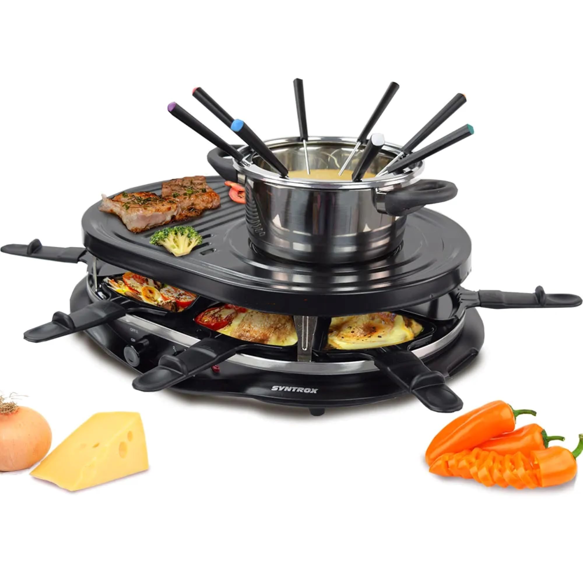 Syntrox Germany Raclette-Grill Locarno mit Fondue & Heißem Stein, 4-in-1 Raclette Set, Gesellige Abende, Kulinarische Vielfalt, Antihaftbeschichtung, Leichte Reinigung