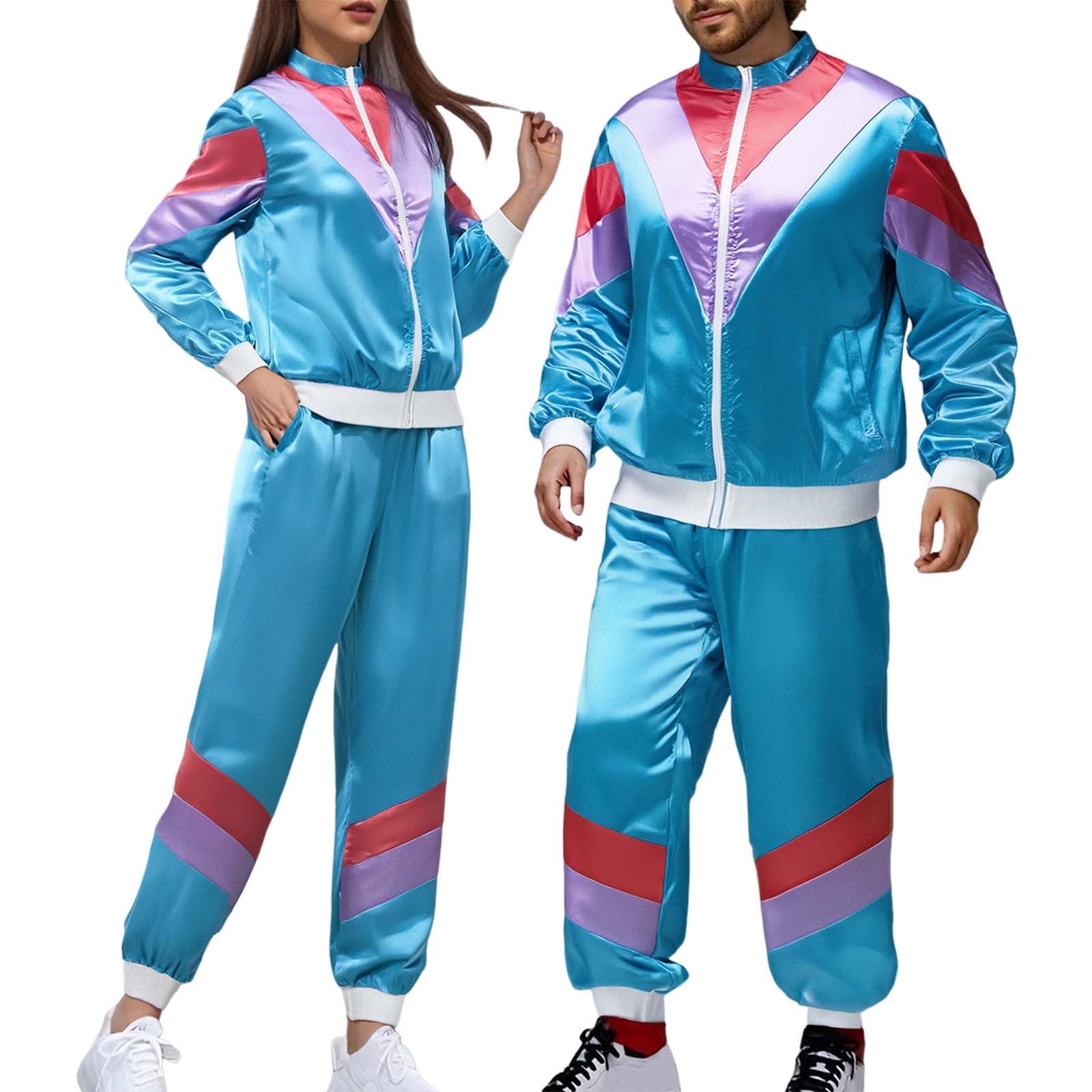 Disfraz De Chándal Retro Años 80 Para Adulto, Azul Con Detalles Morados Y Rosas, Incluye Pañuelo, Muñequeras, Gafas Y Collar, Ideal Para Fiestas Temáticas, Halloween Y Cosplay, Tallas S-XXL