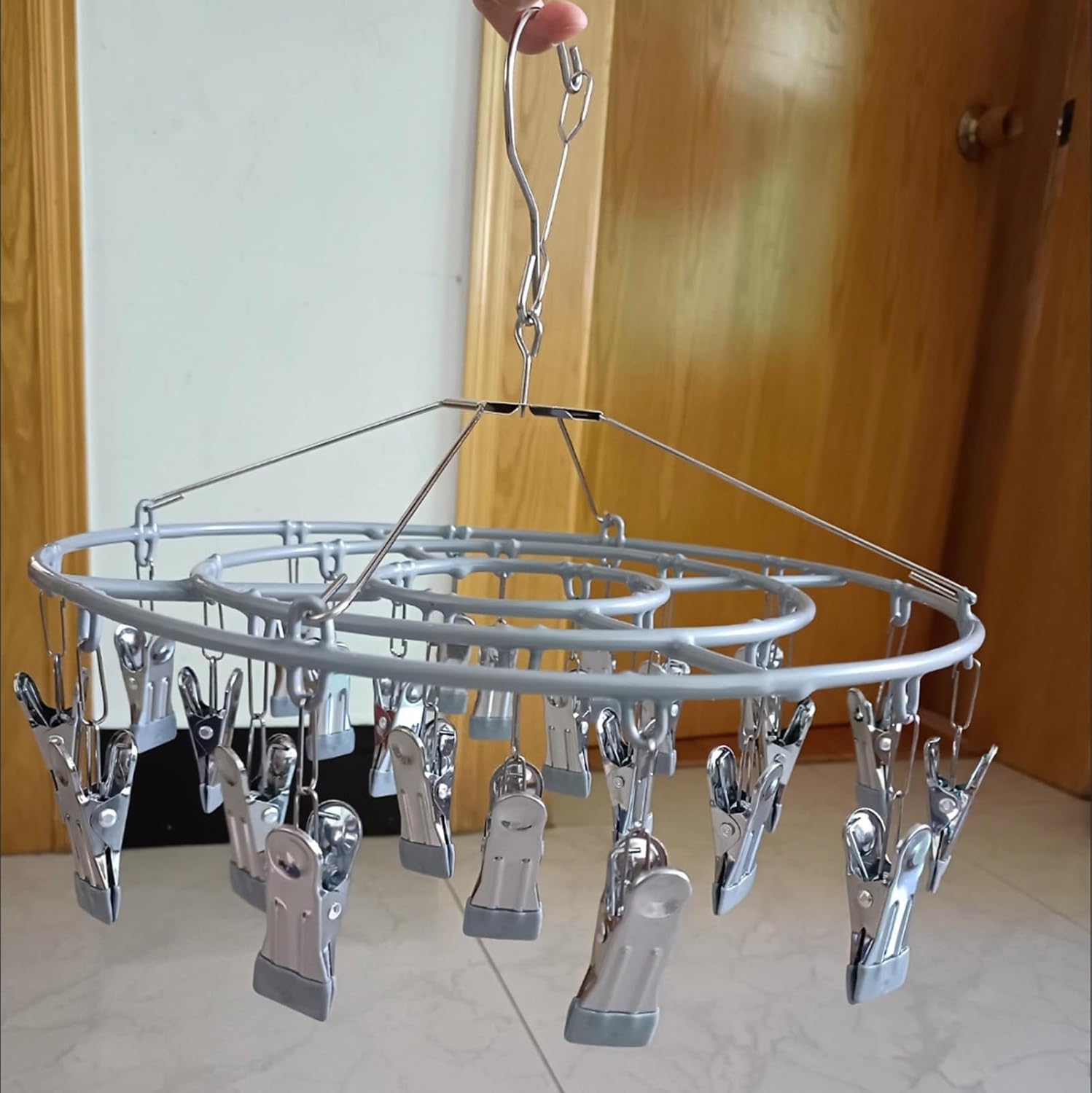 Stainless Steel Clothes Drying Rack with 24 Clips, Swivel Hook Windproof Hanger for Sock, Bras, Towel, Underwear, Laundry, Hat, Scarf, Pants, Gloves (Gray Clips)