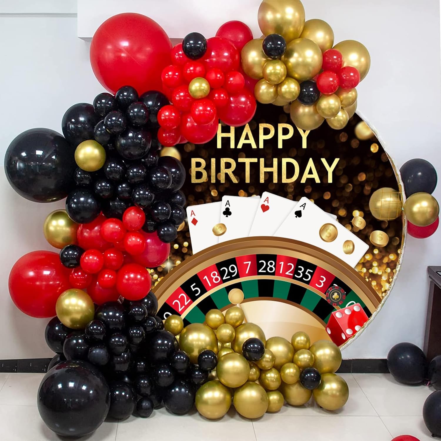 Renaiss 7.2x7.2ft Happy Birthday Casino Round Backdrop Cover Roulette Poker 4A Gold Coins Las Vegas Gambling Circle Birthday Photography Background Casino Birthday Party Decor Arch Photo Booth Props