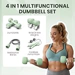 HTQ Adjustable Dumbbells, 5 in 1 Dumbbells Set Used as Barbell, Kettlebells, Jump Rope, Wrist Weights, Resistance Band, Fitness Exercises for Home Gym Suitable for Women, Pink/Green