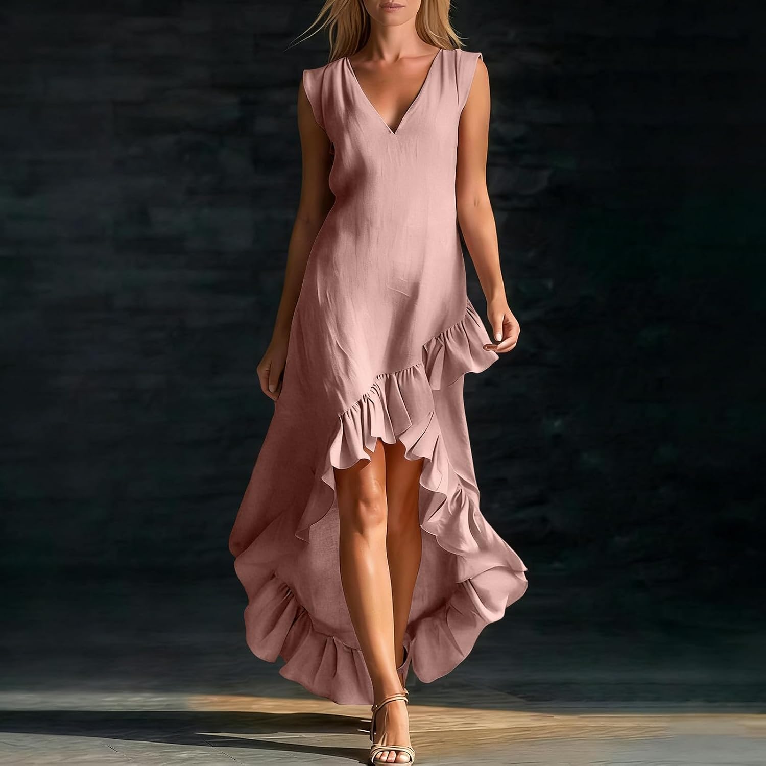 Women's Plus Size Tank Long Dress Ruffle High Low Trim V Neck Dresses 20226 Summer Casual Bohemian Sundress