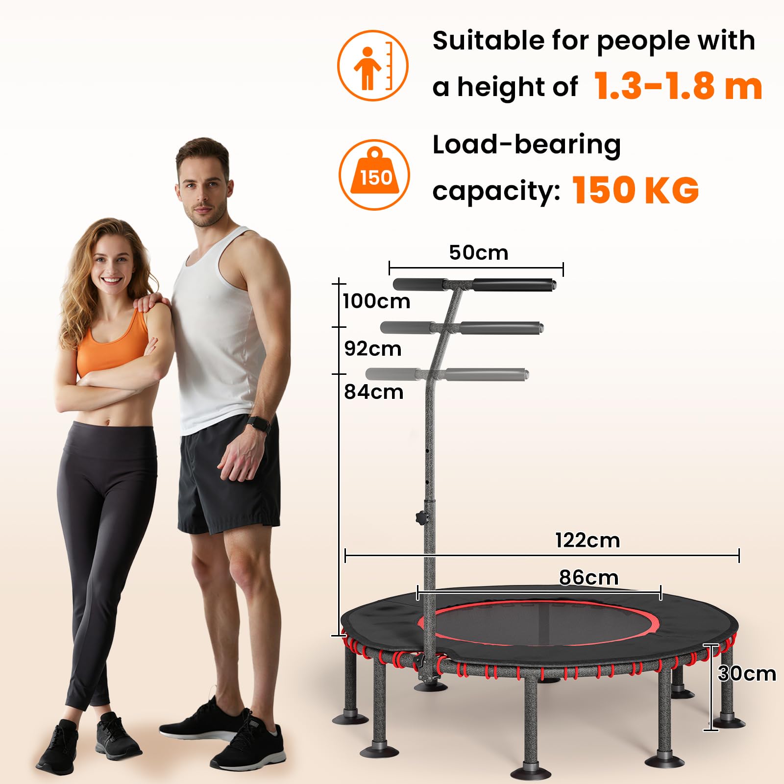 LIFERUN Trampolina fitness do użytku wewnątrz Ø 102/122 cm, mini gumowe linki, trampolina, udźwig 150 kg, wyściełany pokrowiec ochronny, regulowany uchwyt, dla dorosłych, stabilna, cicha, do domu