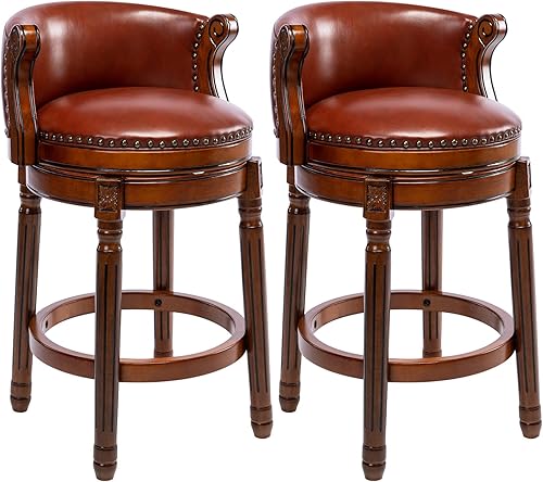 Miniatura 13 de CozyRain Taburetes de bar de madera de goma, taburete de bar tapizado de cuero con respaldo y reposapiés para el hogar, cocina, mostrador, comedor