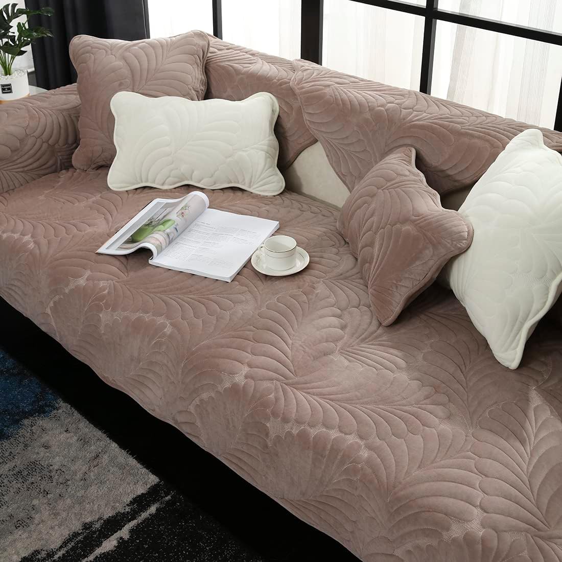 vctops Soft Velvet Sofa Couch Warm Plush Banana Leaf Quilted Sectional Couch Cover for Winter Non Slip Sofa Slipcover Furniture Cover for Dogs Cats Pet, 1 Piece/Not All Set (Light Coffee,43"x43")