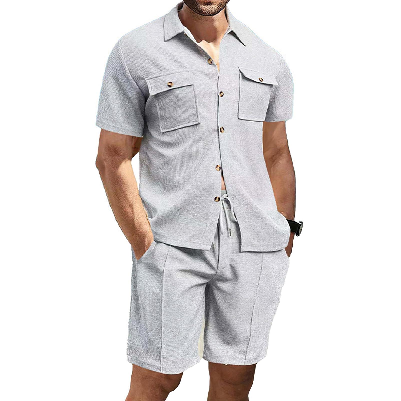 amropi Hombre Corto Chándal de Deportivo Cuadros Manga Corta Camisa de Botón y Shorts Verano 2 Piezas Conjunto