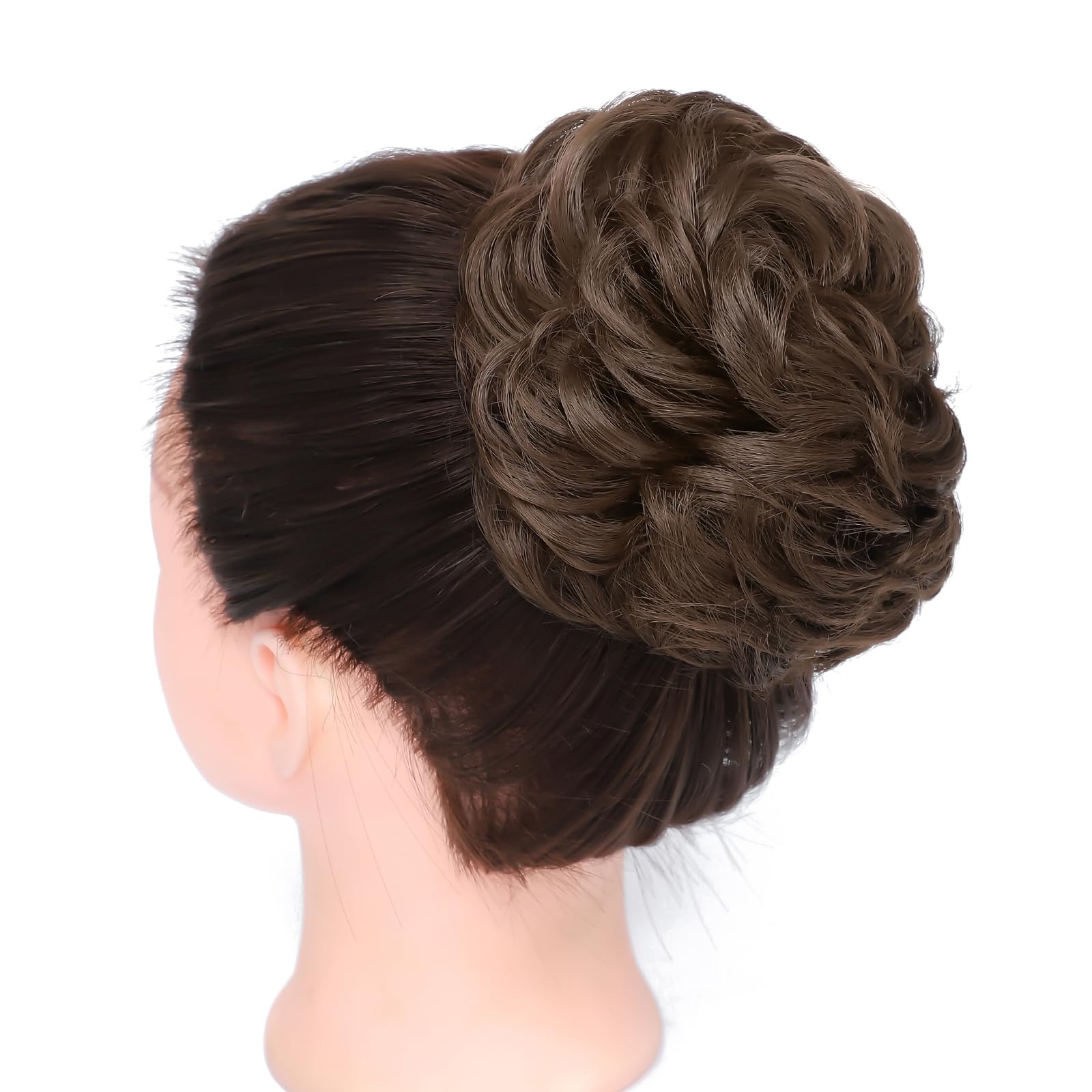 BUYOGET Messy Bun Hair Pieces For Women Hair Bun Extension Updo Curly Messy Bun Donut Hair Chignons Scrunchie Wood Brown - Image 3