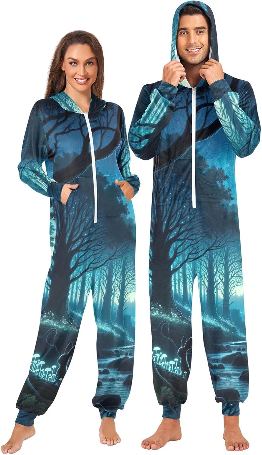 GAIREG Magic Forest Adult Onesie Pajamas Jumpsuit, Soft Plush Hooded One Piece Sleepwear for Men Women