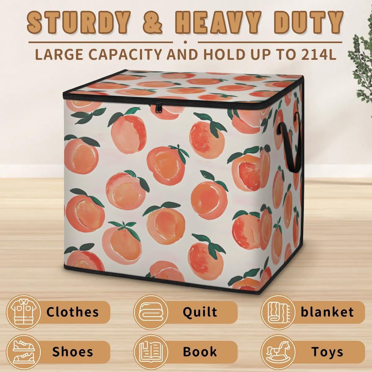 Honeybaby 214L Extra Large Comforter Storage Bag Sweet Peaches Storage Totes with Lids Waterproof Closet Organizer Folding Blanket Storage Bags for Clothes Bedding Pillows