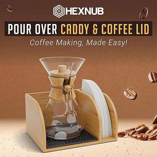 Miniatura 9 de HEXNUB Organizador y tapa para cafetera, soporte de bambú para jarras Chemex, Bodum, Cosori, tapete resistente al calor, soporte de filtro para