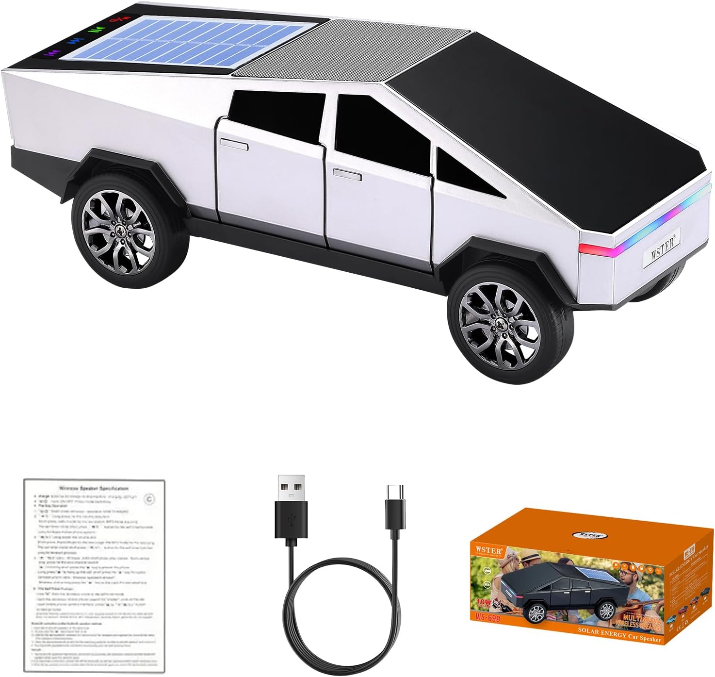 WS-699 Solar Bluetooth Replica Speaker – Future Pickup Truck Design, HD Sound, TWS Stereo Pairing, FM Radio, LED Party Light, USB/TF Playback, Hands-Free Mic, Type-C Charging, Portable Gift (Silver)