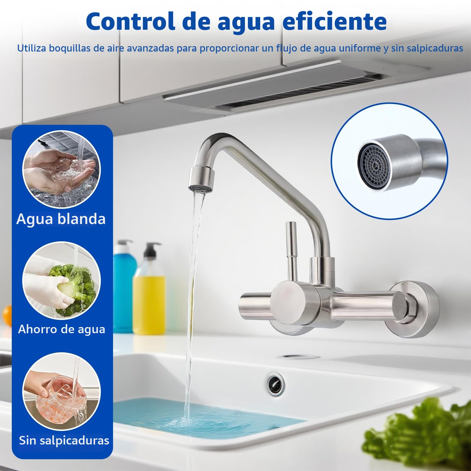 Grifo Cocina en la Pared con 2 Modos, Grifería de Fregadero Giratorio a 360​°, Mezclador Monomando de Acero Inoxidable 304, Aireador Extraíble, Agua Fría y Caliente, Cepillado