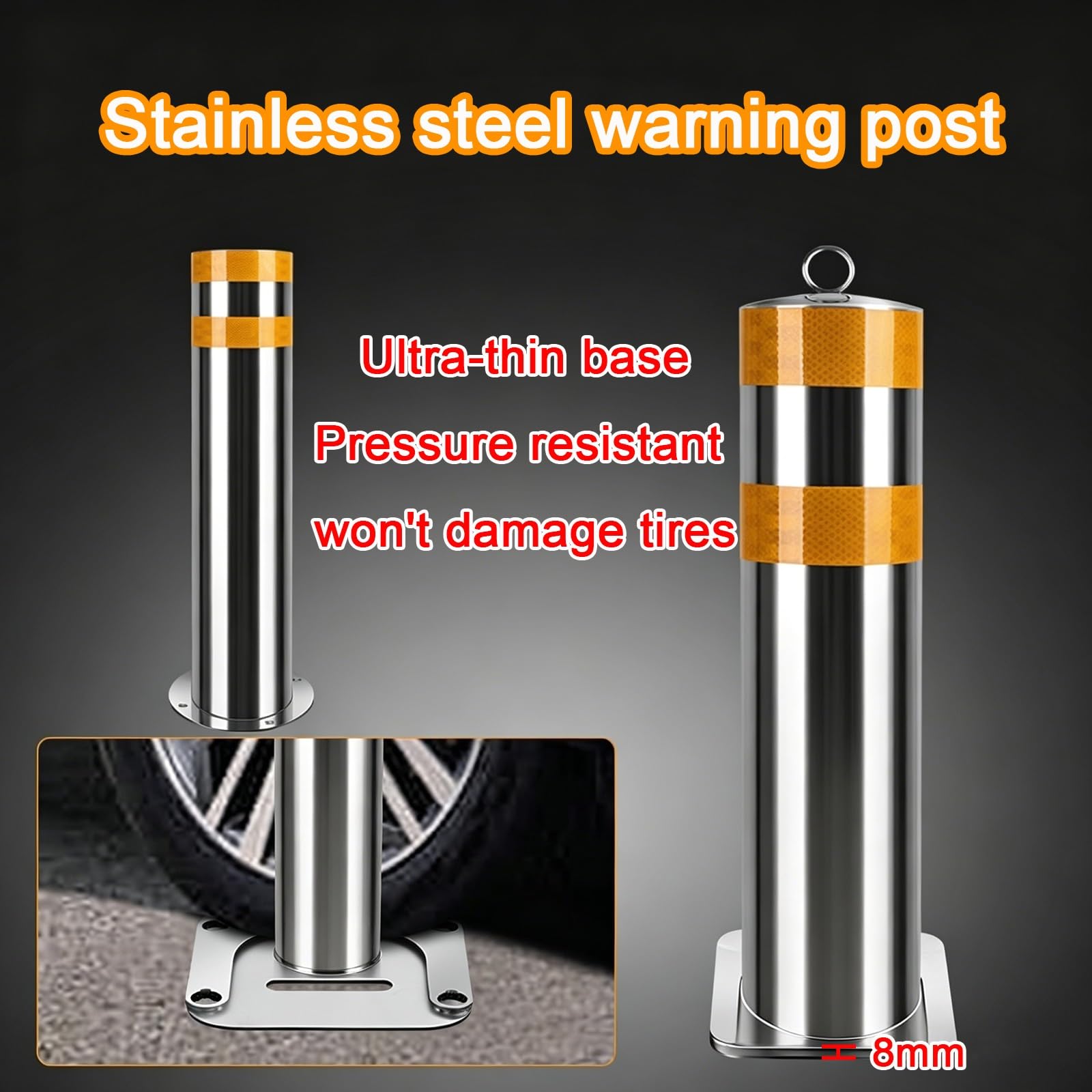 NEONMAN Arceau de Sécurité Amovible en Acier Inoxydable avec Bande Réfléchissante pour Stationnement – 11.4x60cm